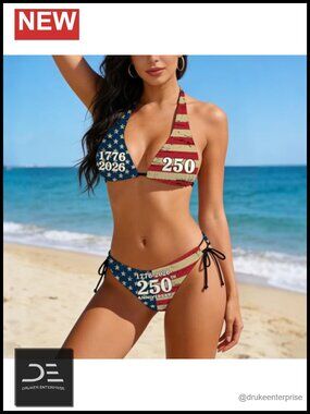 Patriotic American Flag Bikini Set, Halter Triangle Top Thong Bottom Two Piece